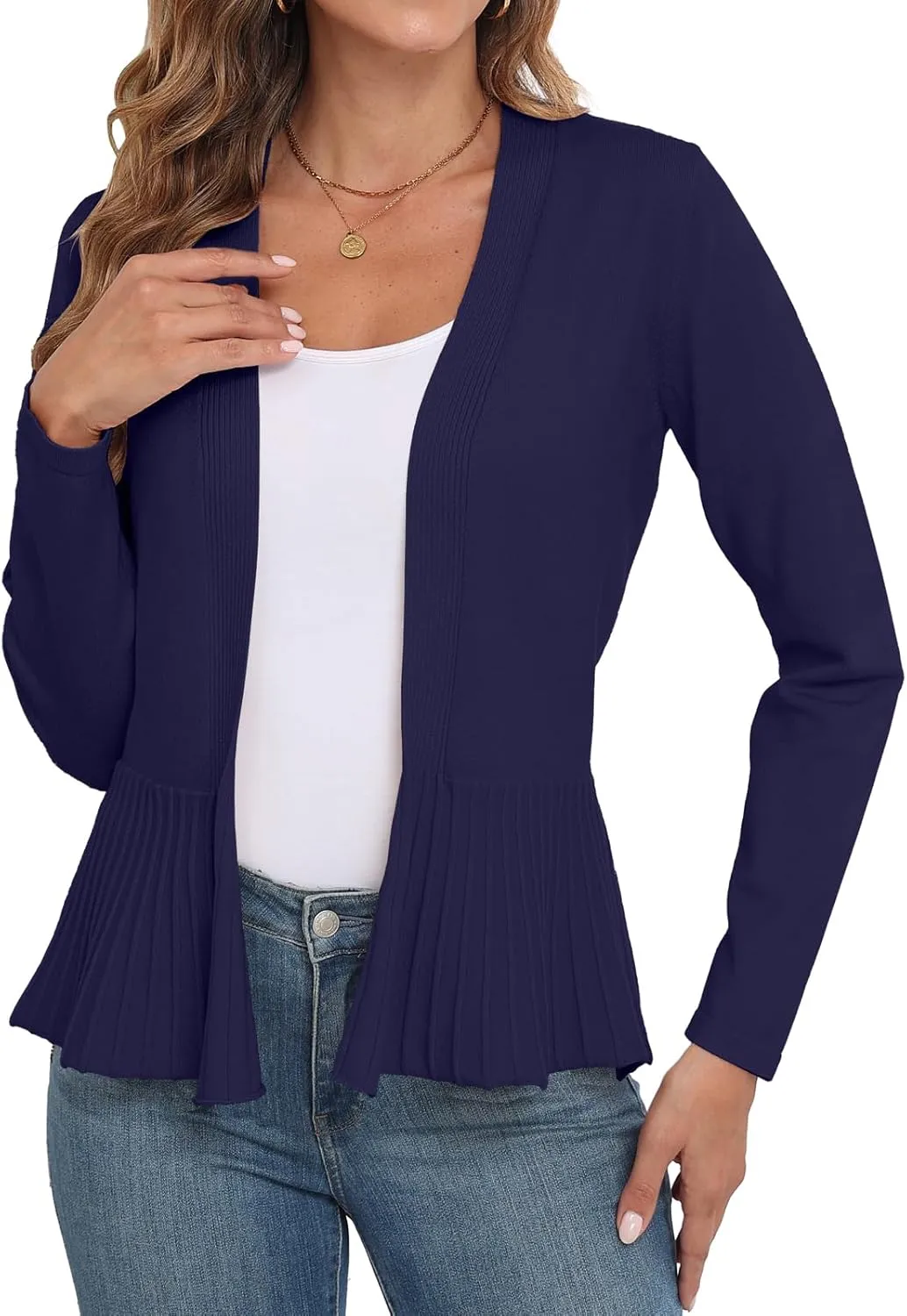 GRECERELLE Women Lightweight Casual Long Sleeves Cropped Cardigan Open Front Peplum Knit Sweater Outwear