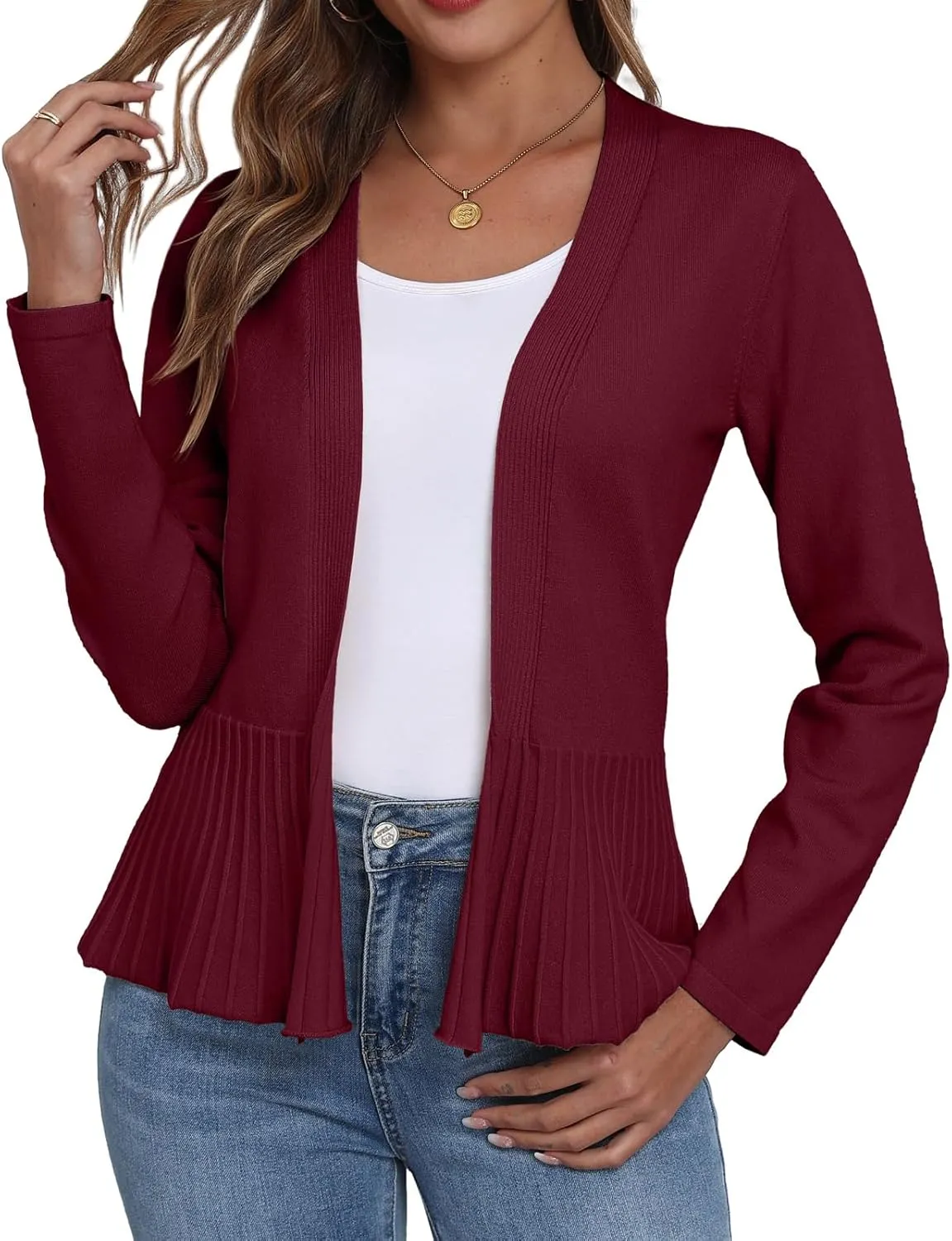 GRECERELLE Women Lightweight Casual Long Sleeves Cropped Cardigan Open Front Peplum Knit Sweater Outwear