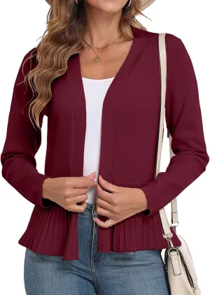GRECERELLE Women Lightweight Casual Long Sleeves Cropped Cardigan Open Front Peplum Knit Sweater Outwear