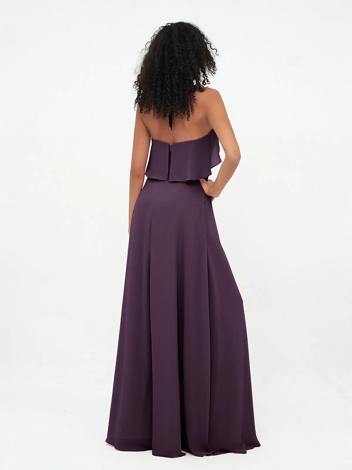Halter Strap Chiffon Long Bridesmaid Dresses Plum