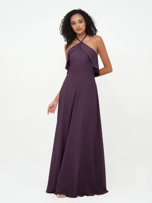 Halter Strap Chiffon Long Bridesmaid Dresses Plum