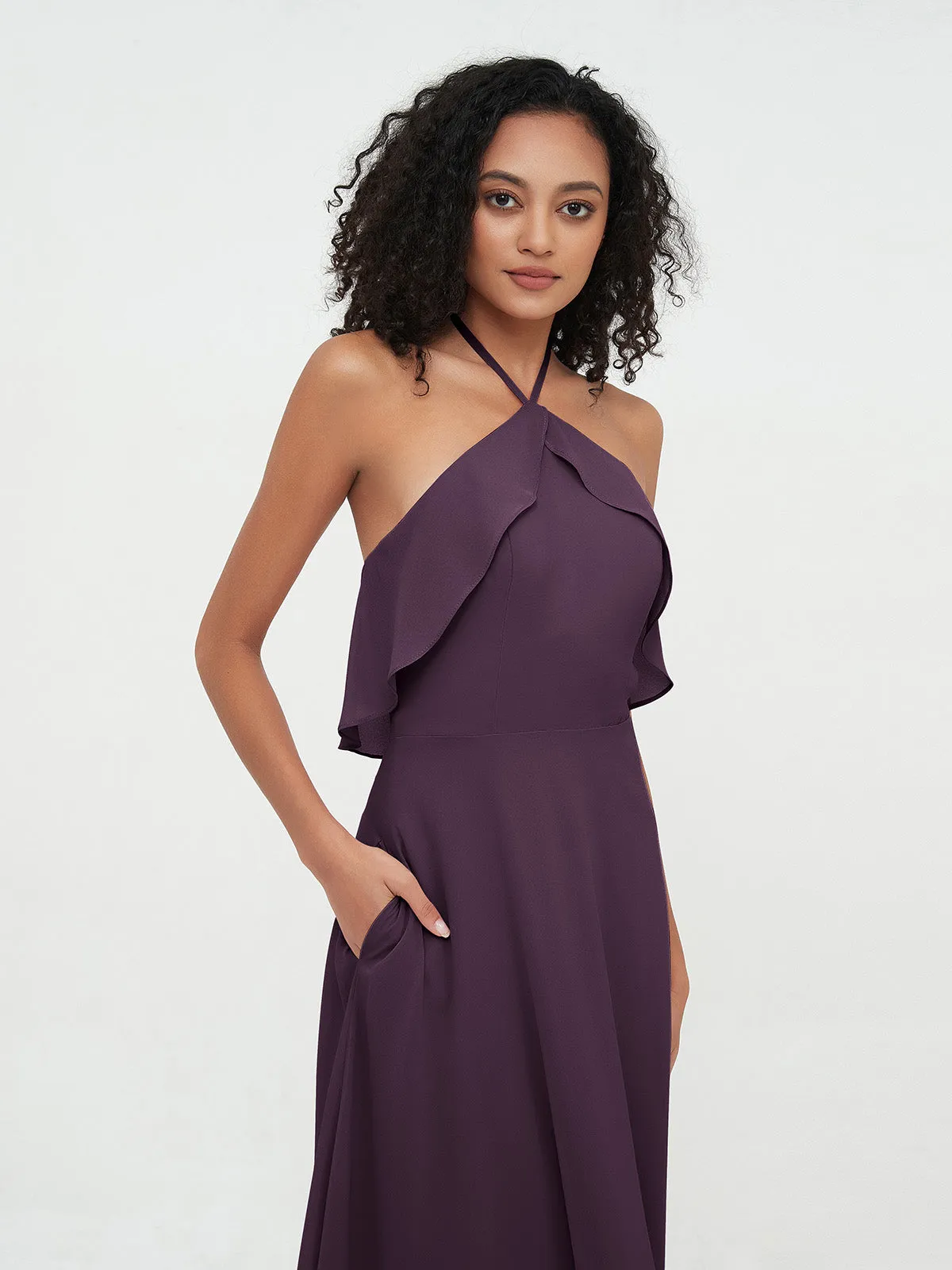 Halter Strap Chiffon Long Bridesmaid Dresses Plum