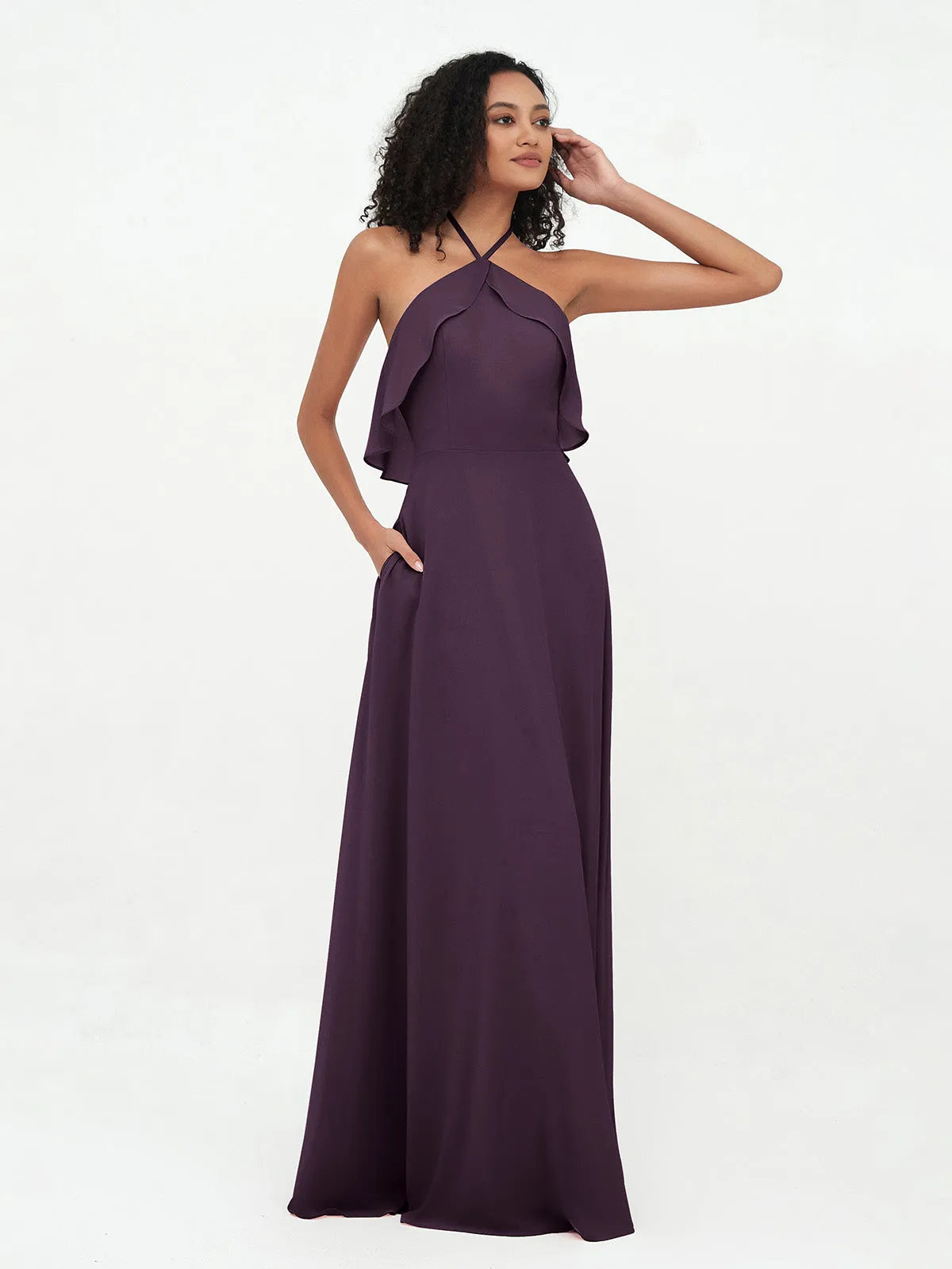 Halter Strap Chiffon Long Bridesmaid Dresses Plum