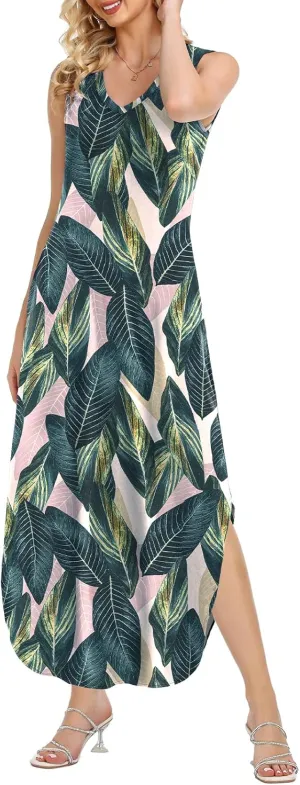 HUSKARY Women's Maxi Dresses V Neck Sleeveless Long Casual Dresses Loose Sundress with Pocket