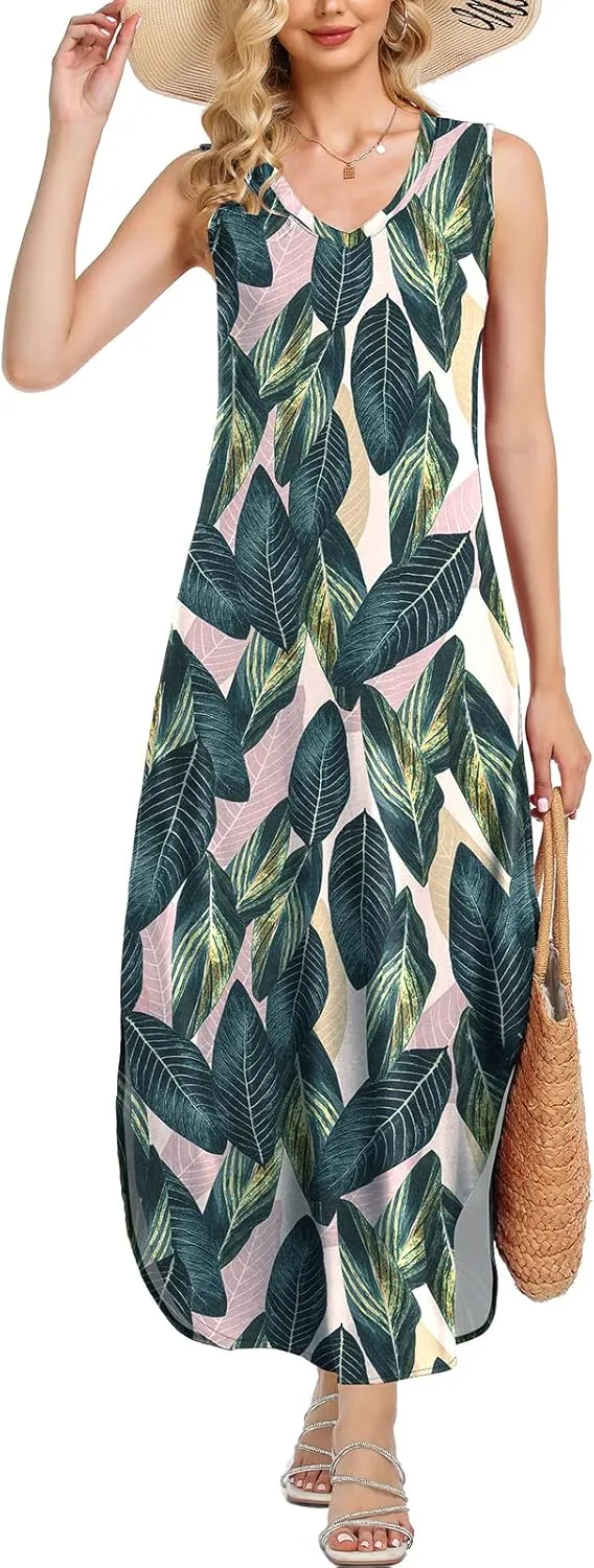 HUSKARY Women's Maxi Dresses V Neck Sleeveless Long Casual Dresses Loose Sundress with Pocket