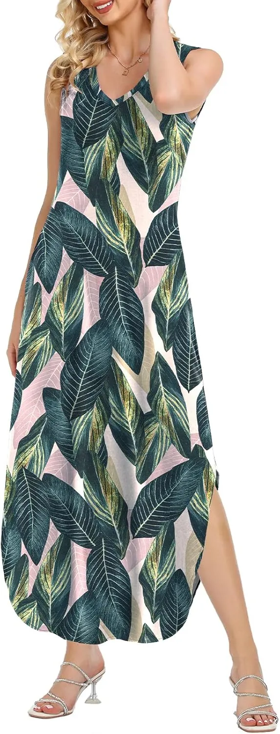 HUSKARY Women's Maxi Dresses V Neck Sleeveless Long Casual Dresses Loose Sundress with Pocket