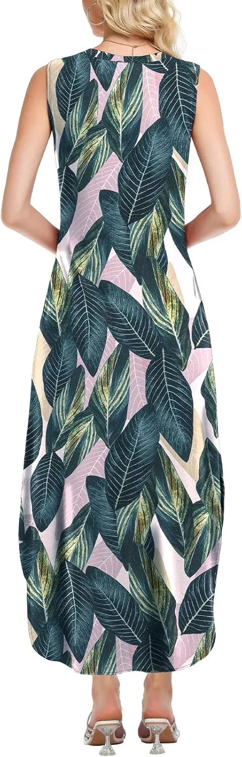 HUSKARY Women's Maxi Dresses V Neck Sleeveless Long Casual Dresses Loose Sundress with Pocket