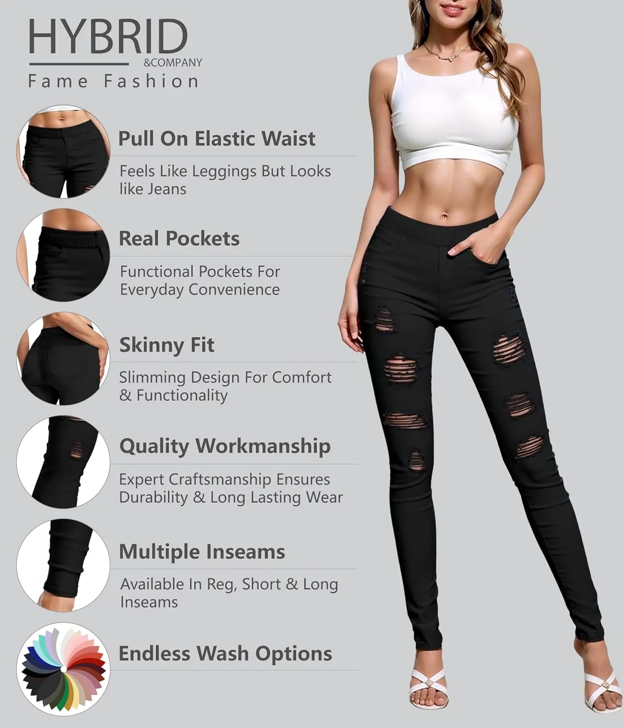 Hybrid & Company Women's Pull On Stretchy Mid Rise Skinny Fit Pants Regular or Distressed Jeans with Long Short Inseam