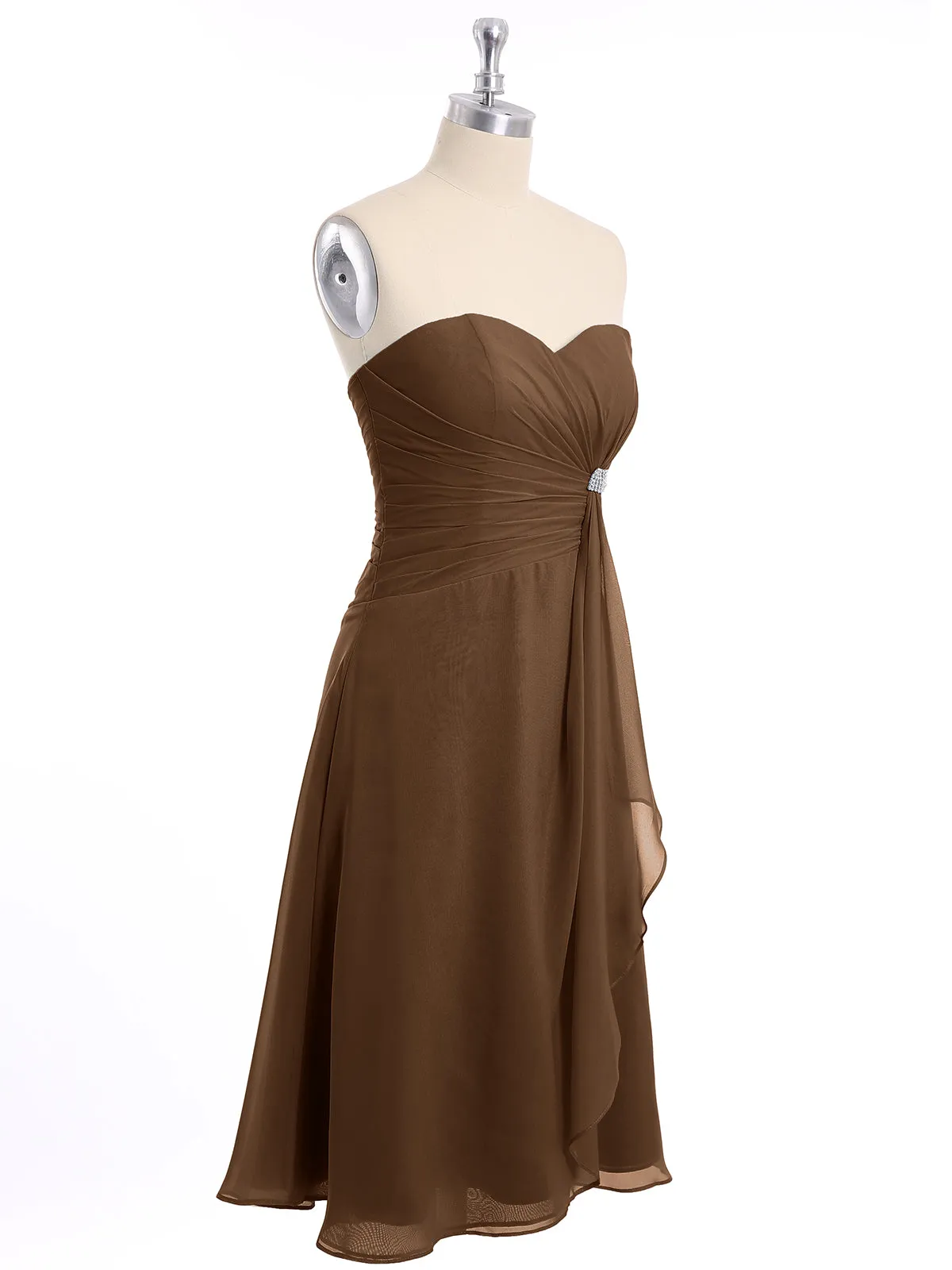 Knee Length Chiffon Dress with Sweetheart Neck-Brown Plus Size
