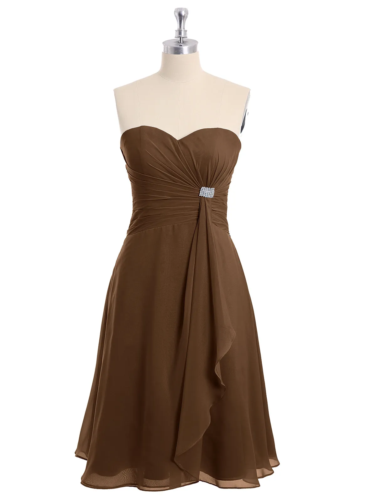 Knee Length Chiffon Dress with Sweetheart Neck-Brown Plus Size