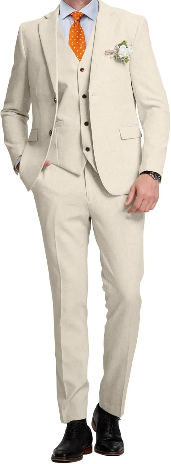 Linen Mens Suits 3 Piece Slim Fit Tuxedo Suit for Men Beach Wedding Formal Business Suit Groom Prom Set Outfits