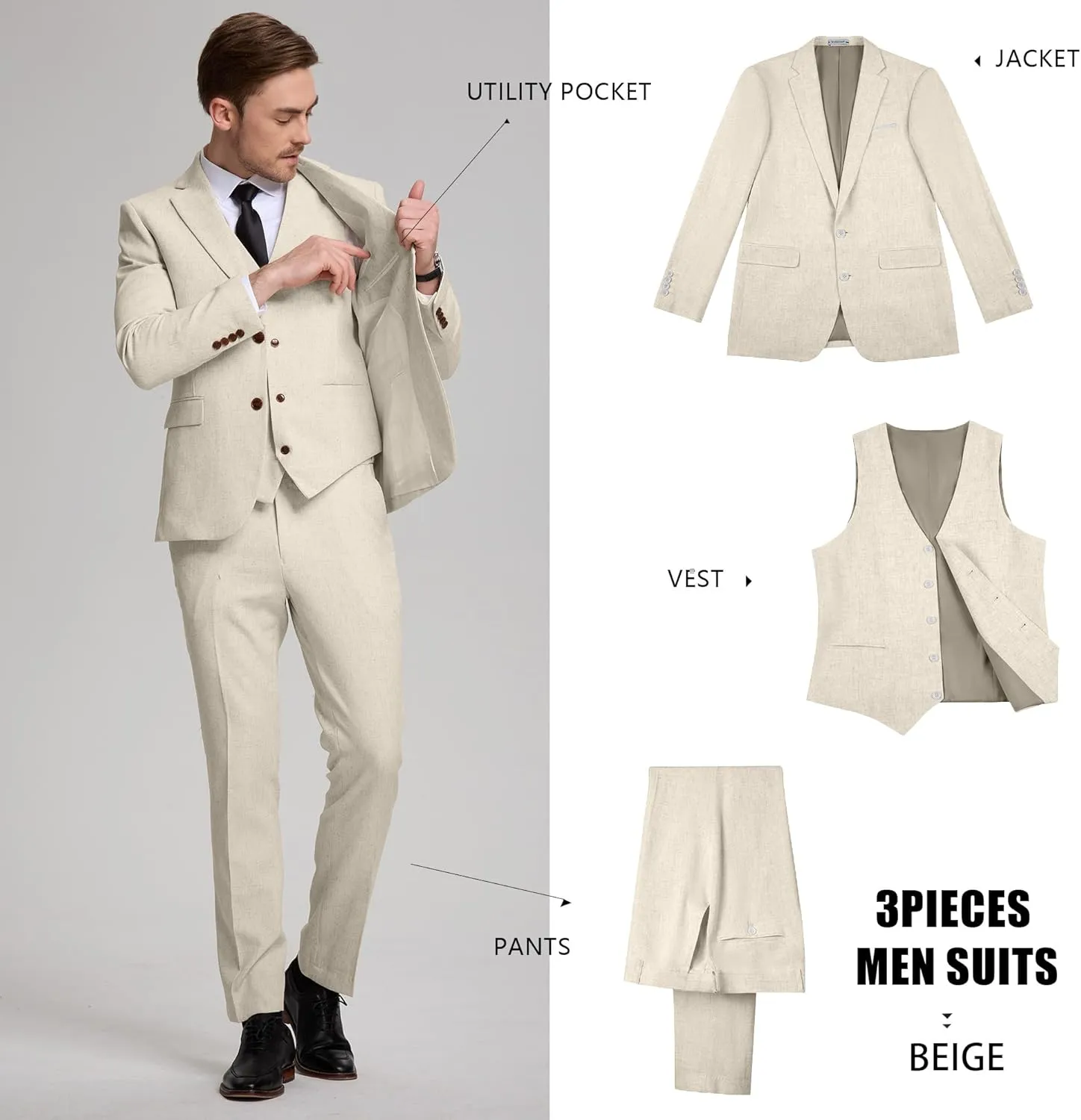 Linen Mens Suits 3 Piece Slim Fit Tuxedo Suit for Men Beach Wedding Formal Business Suit Groom Prom Set Outfits