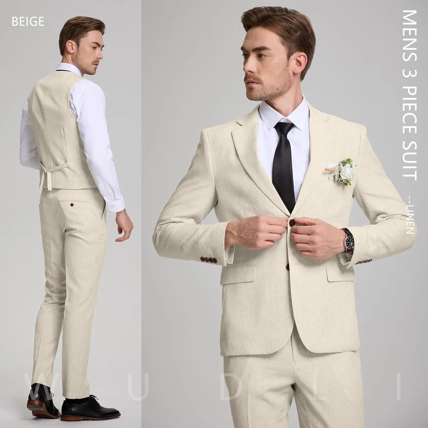 Linen Mens Suits 3 Piece Slim Fit Tuxedo Suit for Men Beach Wedding Formal Business Suit Groom Prom Set Outfits