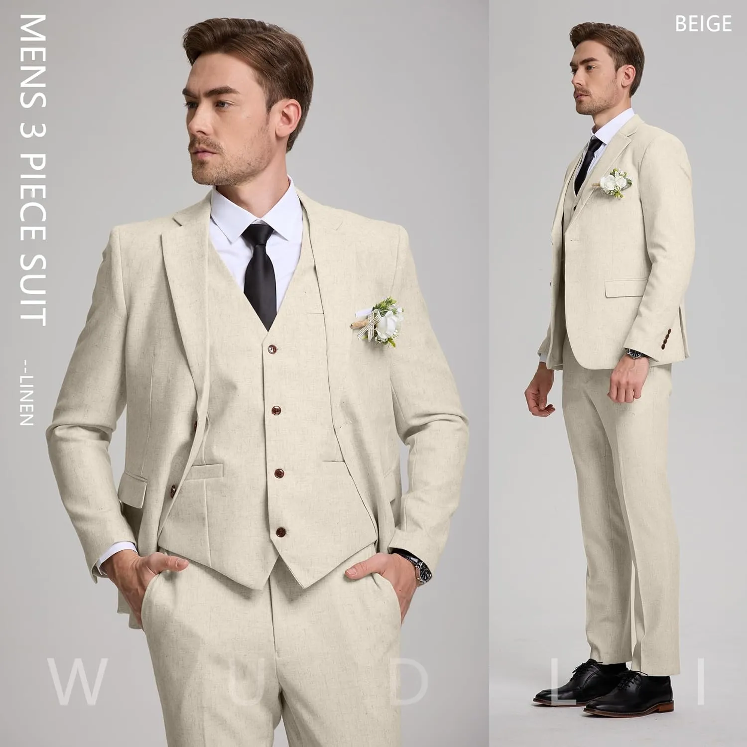 Linen Mens Suits 3 Piece Slim Fit Tuxedo Suit for Men Beach Wedding Formal Business Suit Groom Prom Set Outfits