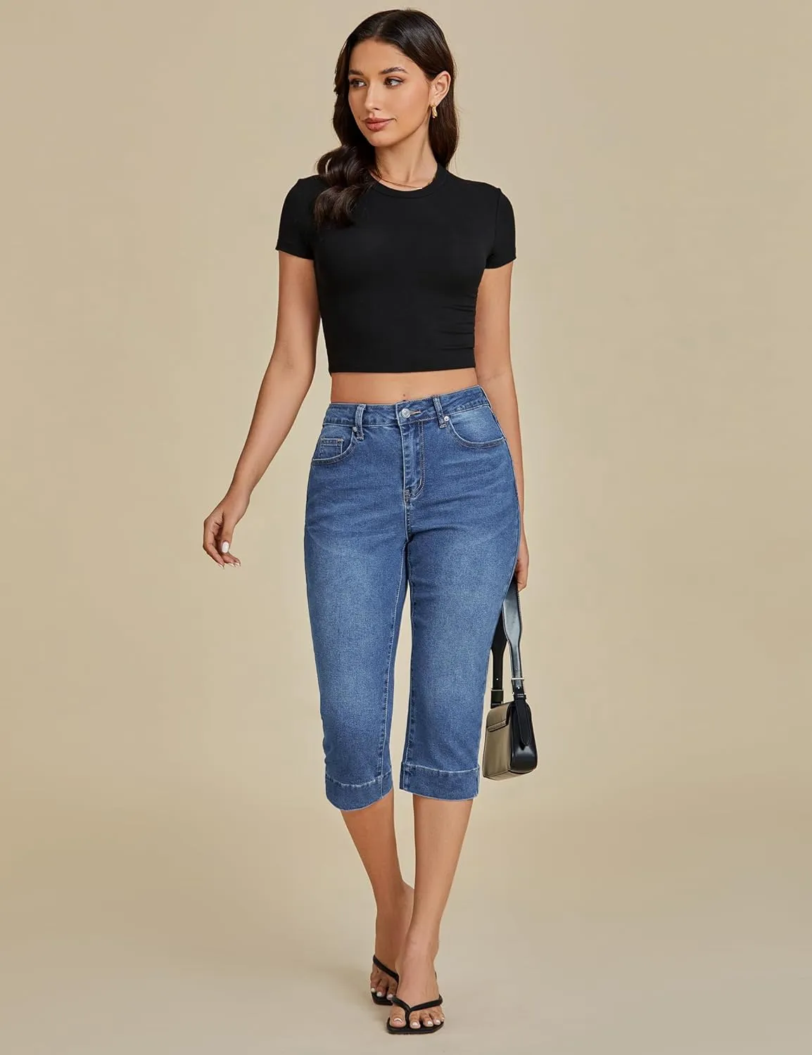 luvamia Capri Jeans for Women Trendy High Waisted Slim Split Hem Stretch Denim Jean Capris Cropped Pants Casual Summer