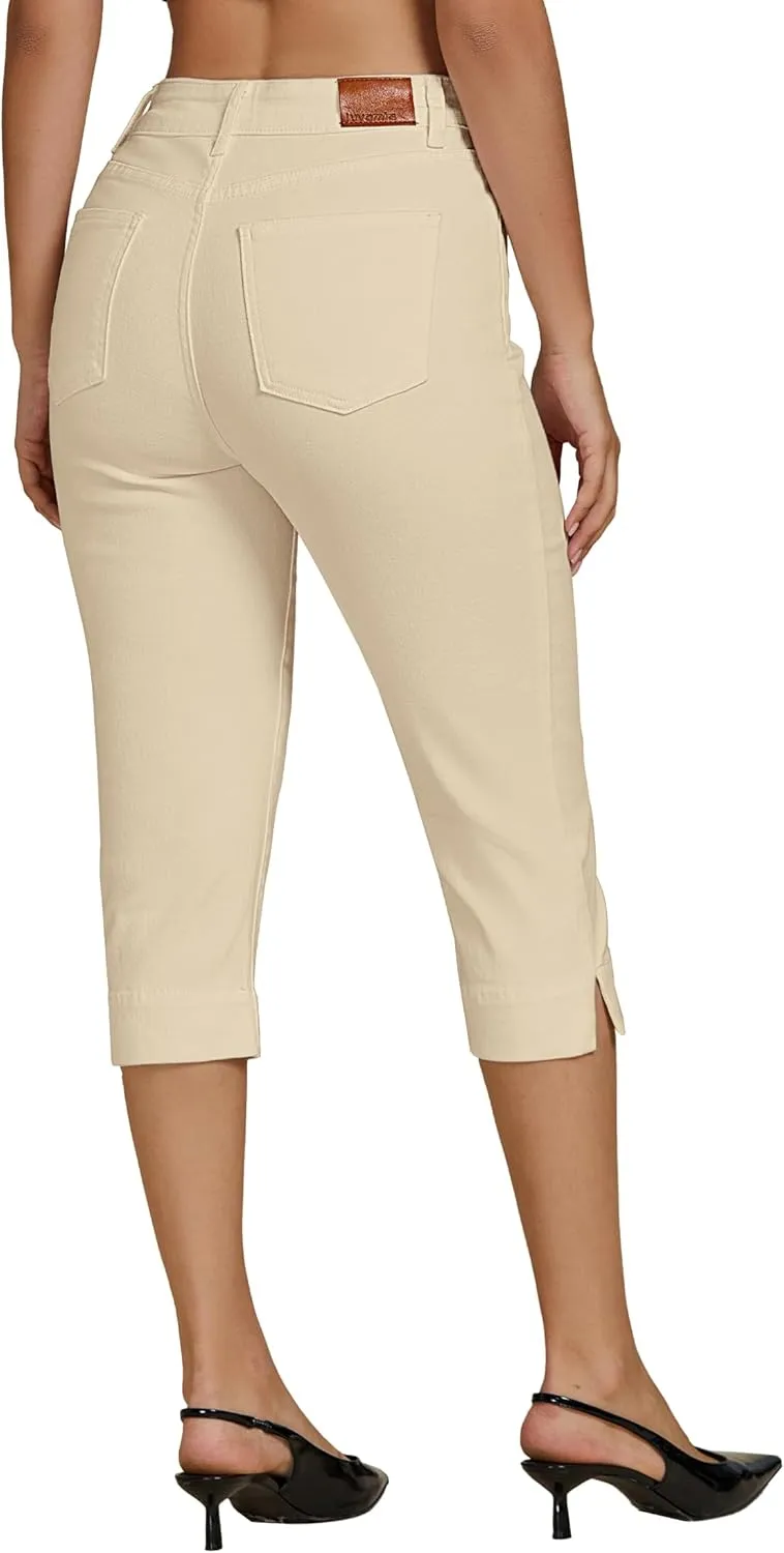 luvamia Capri Jeans for Women Trendy High Waisted Slim Split Hem Stretch Denim Jean Capris Cropped Pants Casual Summer