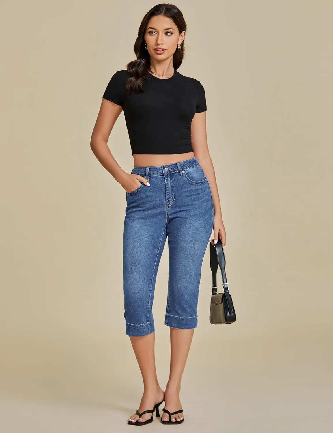 luvamia Capri Jeans for Women Trendy High Waisted Slim Split Hem Stretch Denim Jean Capris Cropped Pants Casual Summer