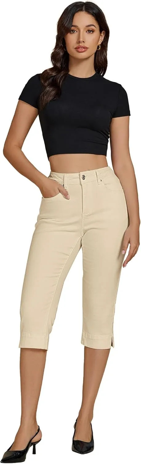 luvamia Capri Jeans for Women Trendy High Waisted Slim Split Hem Stretch Denim Jean Capris Cropped Pants Casual Summer