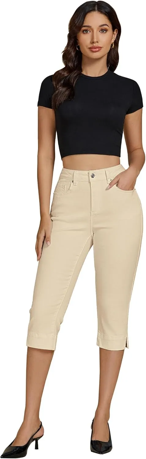 luvamia Capri Jeans for Women Trendy High Waisted Slim Split Hem Stretch Denim Jean Capris Cropped Pants Casual Summer
