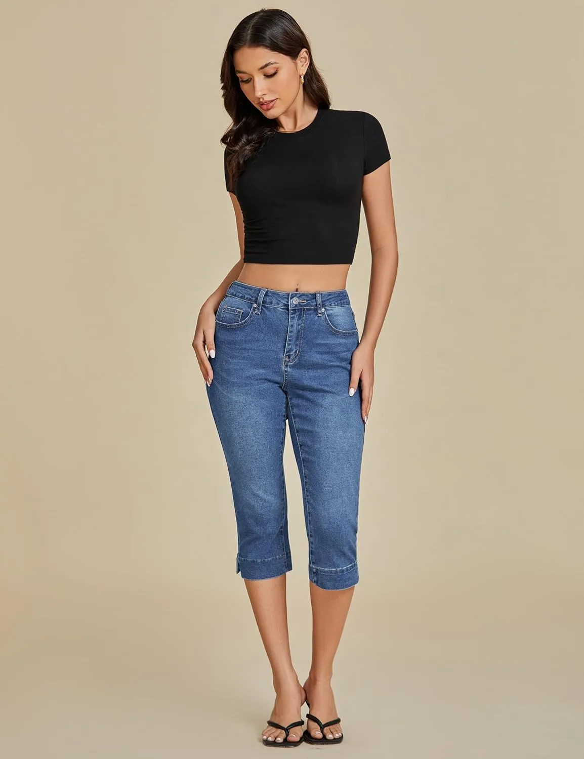 luvamia Capri Jeans for Women Trendy High Waisted Slim Split Hem Stretch Denim Jean Capris Cropped Pants Casual Summer