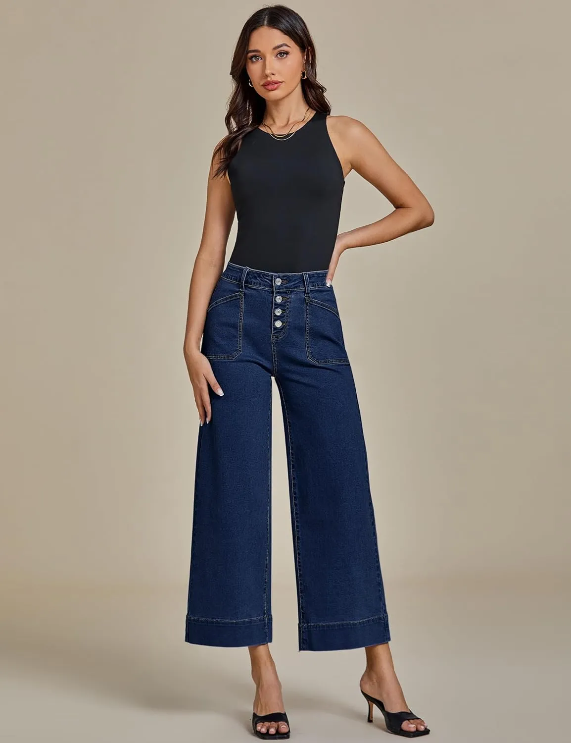 luvamia Wide Leg Jeans for Women Cropped High Waisted Trendy Button Fly Patch Pocket Stretchy Denim Pants Trousers Jeans