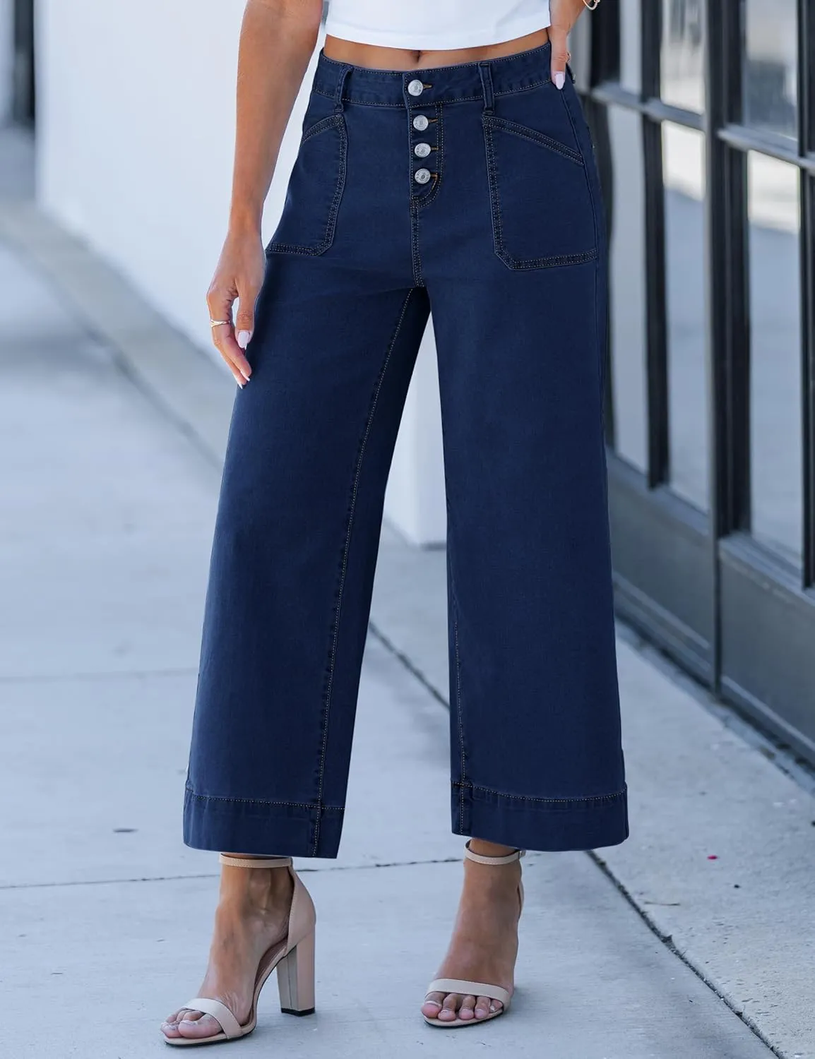luvamia Wide Leg Jeans for Women Cropped High Waisted Trendy Button Fly Patch Pocket Stretchy Denim Pants Trousers Jeans