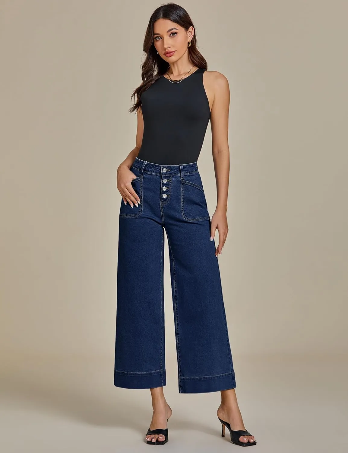 luvamia Wide Leg Jeans for Women Cropped High Waisted Trendy Button Fly Patch Pocket Stretchy Denim Pants Trousers Jeans