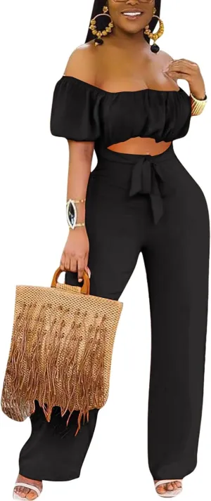 LYANER Women's Off Shoulder Cut Out Tie Front High Waist Short Sleeve Wide Leg Pants One Piece Jumpsuit Romper