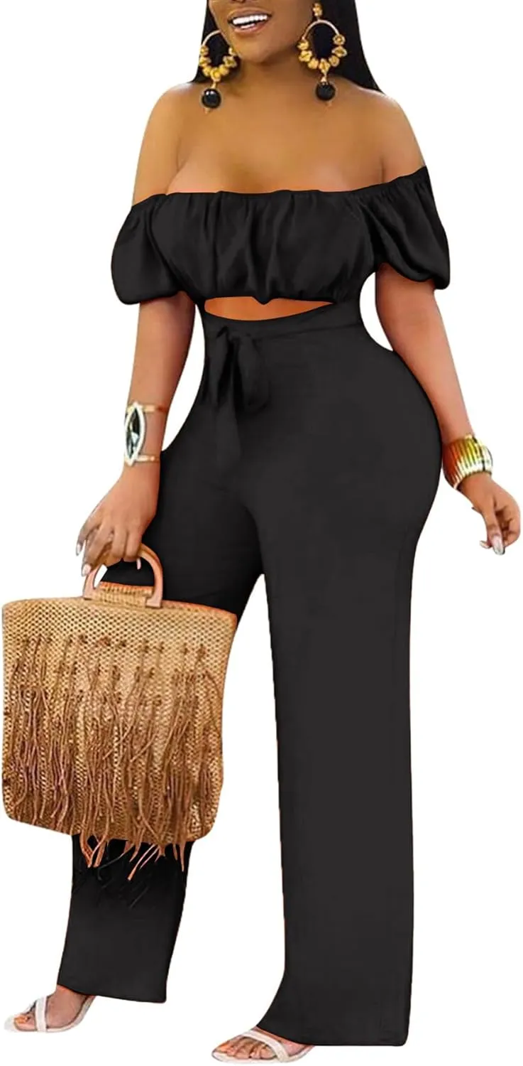 LYANER Women's Off Shoulder Cut Out Tie Front High Waist Short Sleeve Wide Leg Pants One Piece Jumpsuit Romper