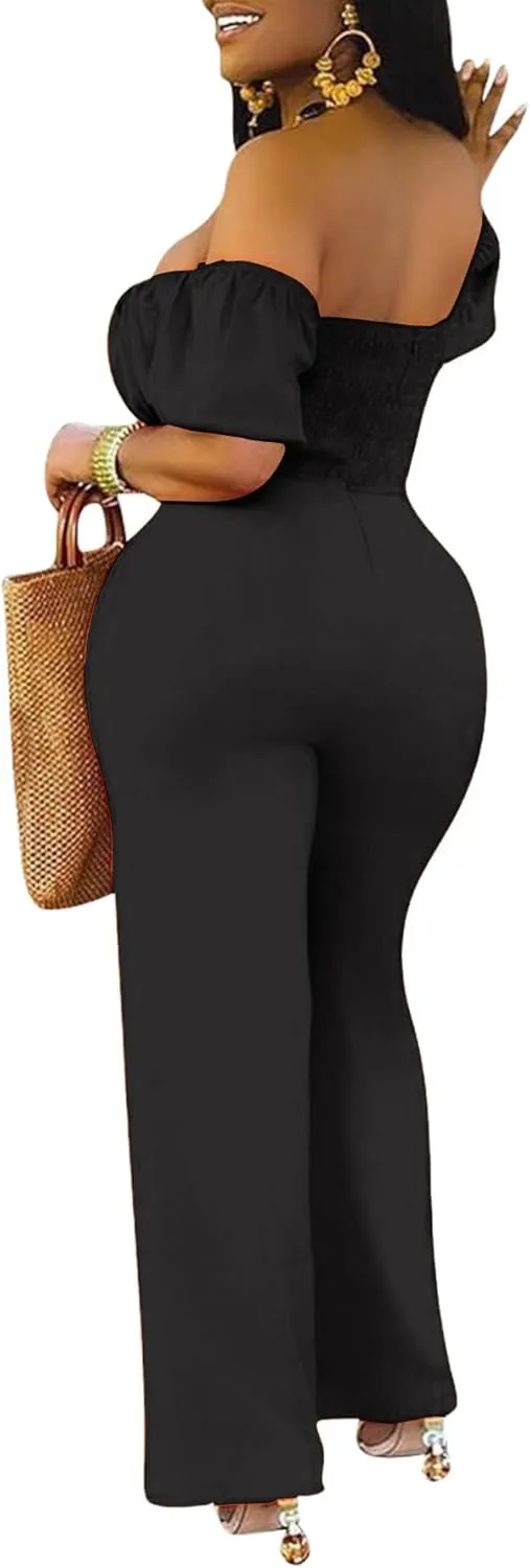 LYANER Women's Off Shoulder Cut Out Tie Front High Waist Short Sleeve Wide Leg Pants One Piece Jumpsuit Romper