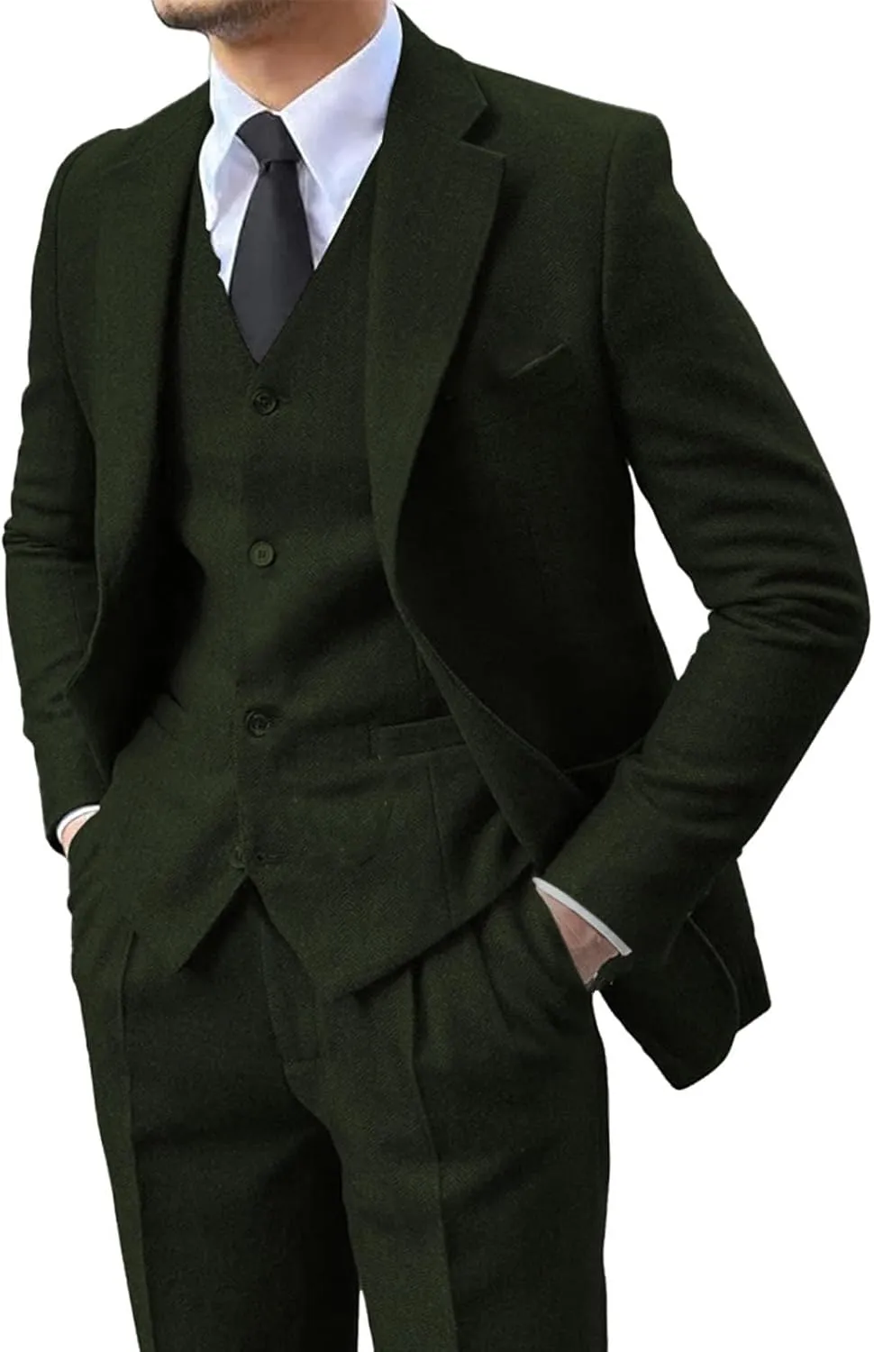 Men's 3 Pieces Suit Retro Slim Fit Suit Tweed Herringbone Business Suit Wedding Party Tuxedos with Blazer Vest Pants
