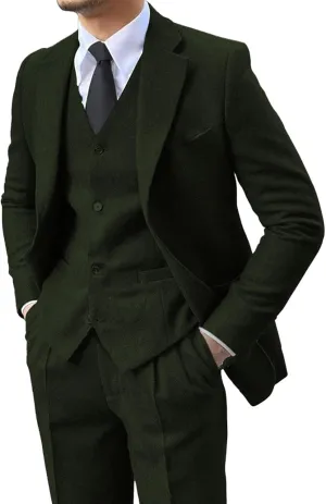 Men's 3 Pieces Suit Retro Slim Fit Suit Tweed Herringbone Business Suit Wedding Party Tuxedos with Blazer Vest Pants