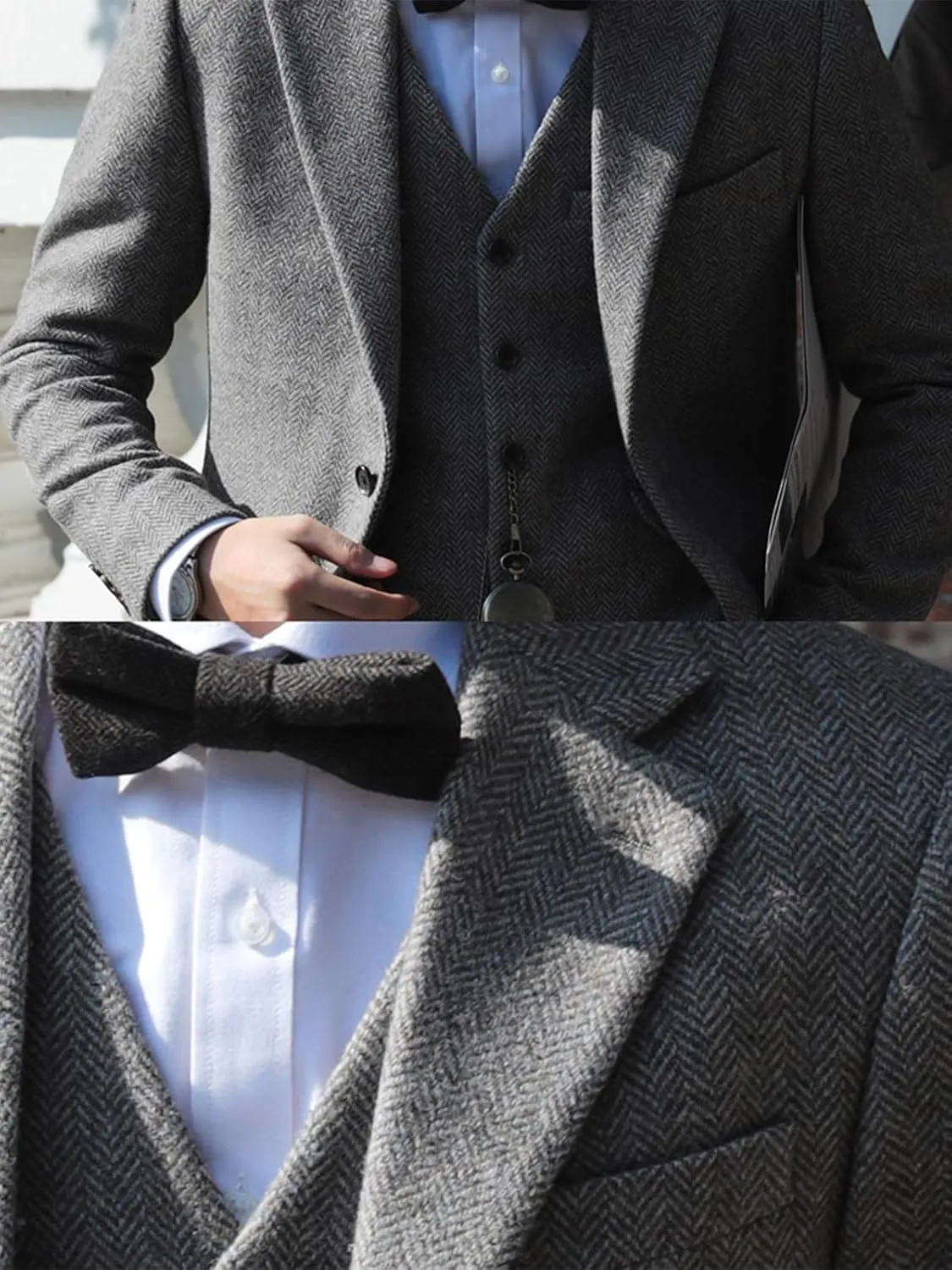 Men's 3 Pieces Suit Retro Slim Fit Suit Tweed Herringbone Business Suit Wedding Party Tuxedos with Blazer Vest Pants