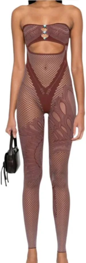 Molilove Women's Sexy Cutout Jumpsuit Off Shoulder Tube Jumpsuit Mesh Lace Hollow Out Jumpsuit See Through One Piece Set