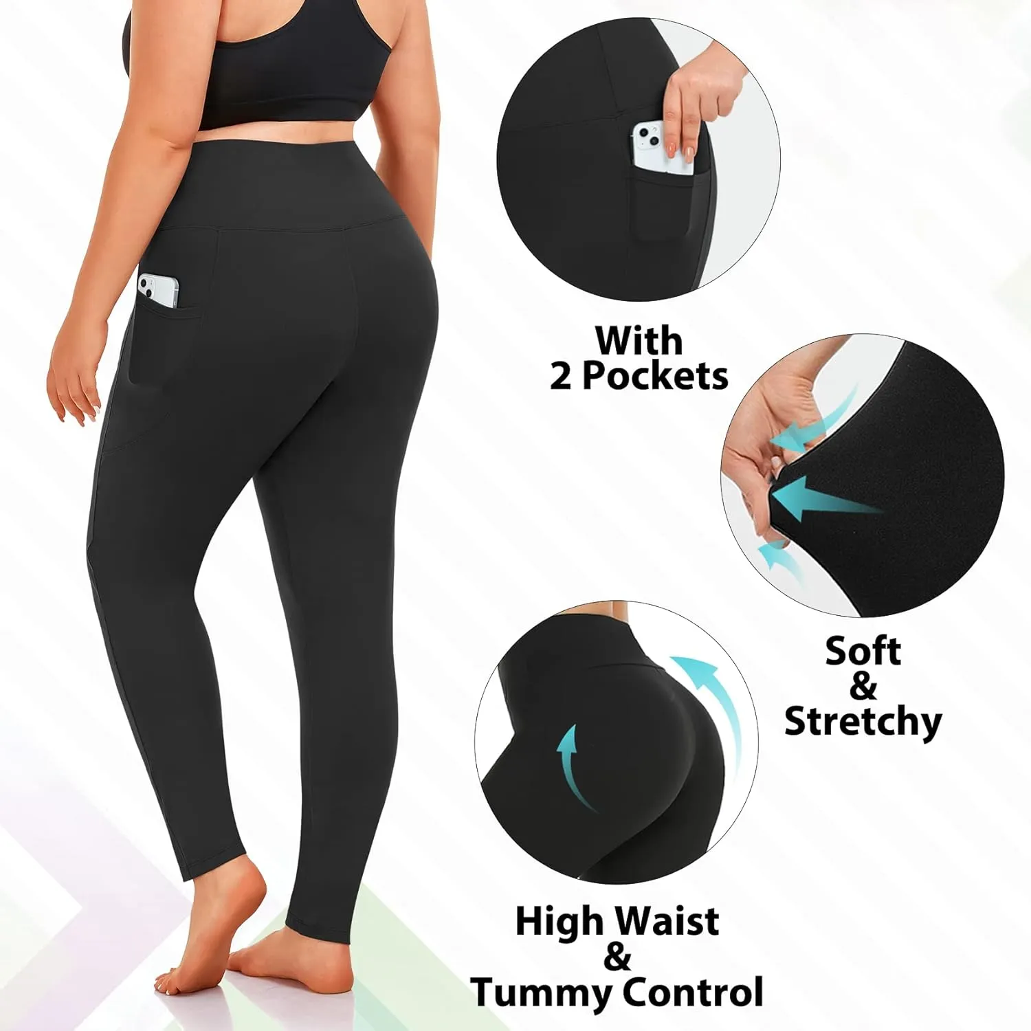 MOREFEEL Plus Size Leggings for Women-Stretchy X-Large-4X Tummy Control High Waist Spandex Workout Black Yoga Pants