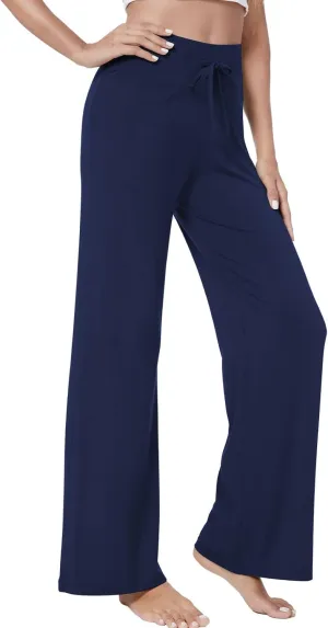QUALFORT Women's Pants Soft Wide Leg Pants Stretchy Casual Bottoms Soft Pajama Pants