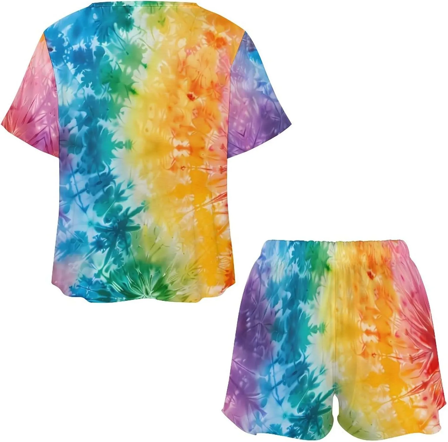 Rainbow Tie Dye Women's Pajamas Set 2 Piece Short Sleeve Shirt and Shorts Loungewear Sleepwear