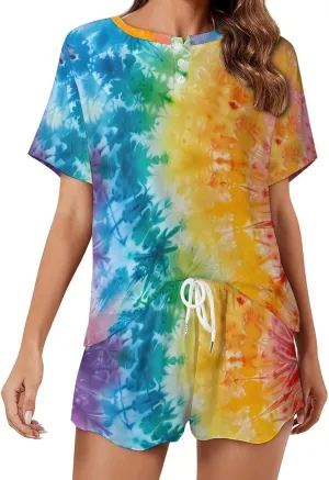 Rainbow Tie Dye Women's Pajamas Set 2 Piece Short Sleeve Shirt and Shorts Loungewear Sleepwear