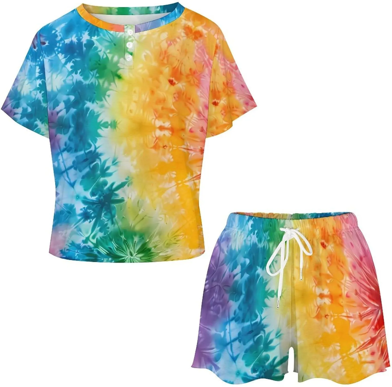 Rainbow Tie Dye Women's Pajamas Set 2 Piece Short Sleeve Shirt and Shorts Loungewear Sleepwear