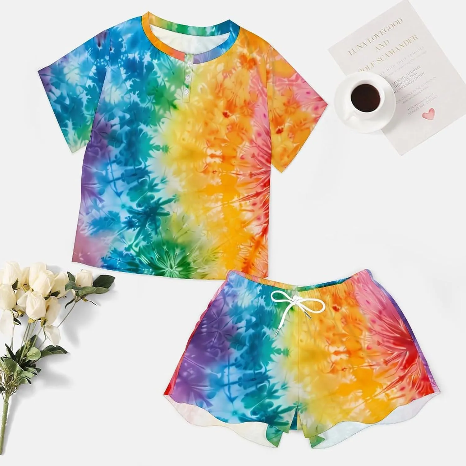 Rainbow Tie Dye Women's Pajamas Set 2 Piece Short Sleeve Shirt and Shorts Loungewear Sleepwear