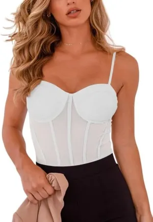 REORIA Women's Trendy Sexy Mesh Sheer Spaghetti Strap Going Out Slimming Bustier Corset Bodysuit With Built In Bra