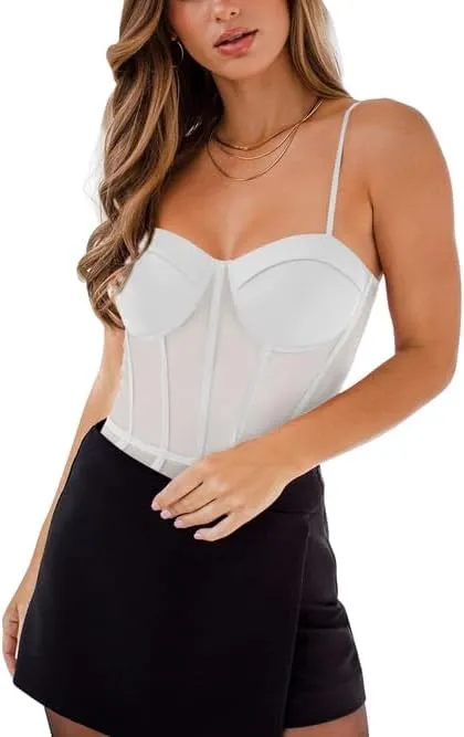 REORIA Women's Trendy Sexy Mesh Sheer Spaghetti Strap Going Out Slimming Bustier Corset Bodysuit With Built In Bra