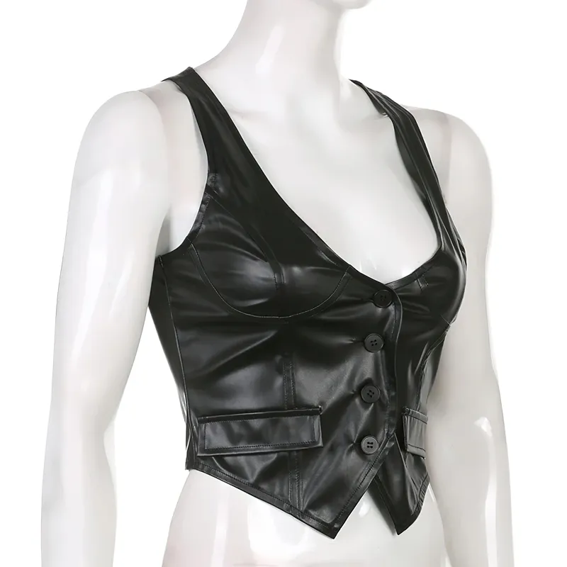 Sexy Bodycon Black PU Leather Cropped Vest For Women / Gothic Waistcoat Of Buttons