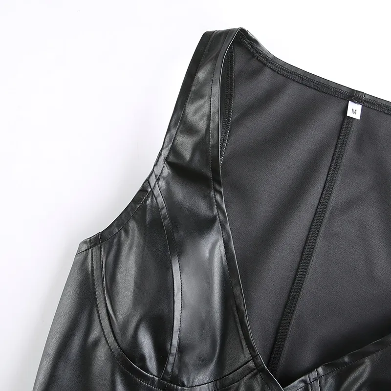 Sexy Bodycon Black PU Leather Cropped Vest For Women / Gothic Waistcoat Of Buttons