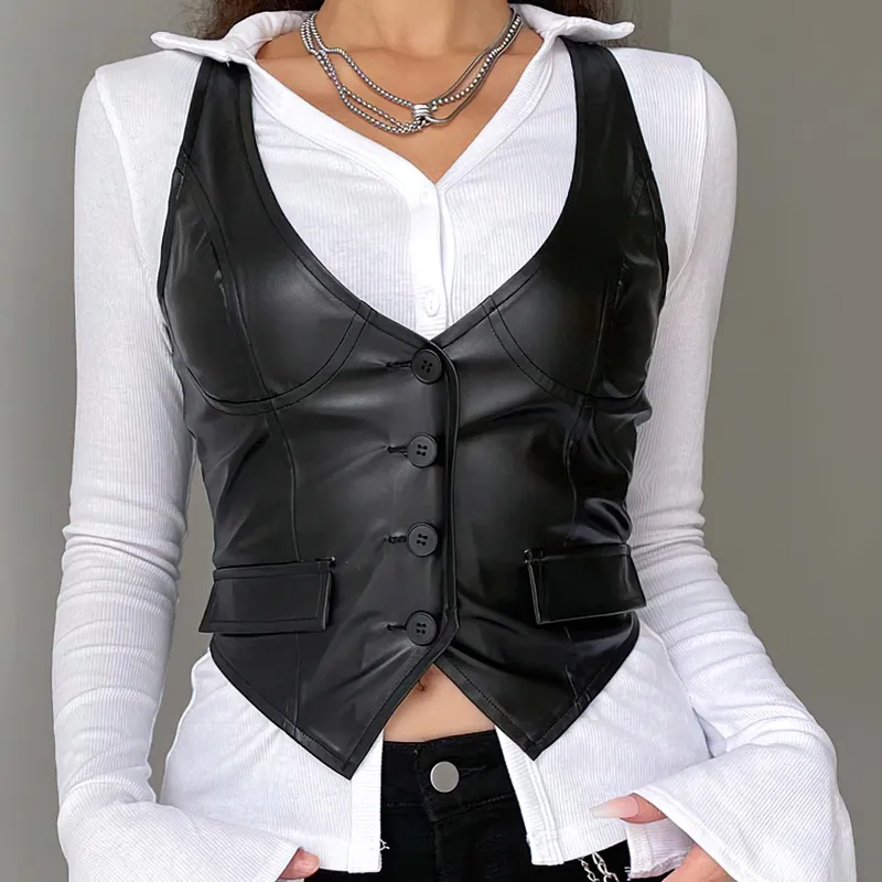 Sexy Bodycon Black PU Leather Cropped Vest For Women / Gothic Waistcoat Of Buttons