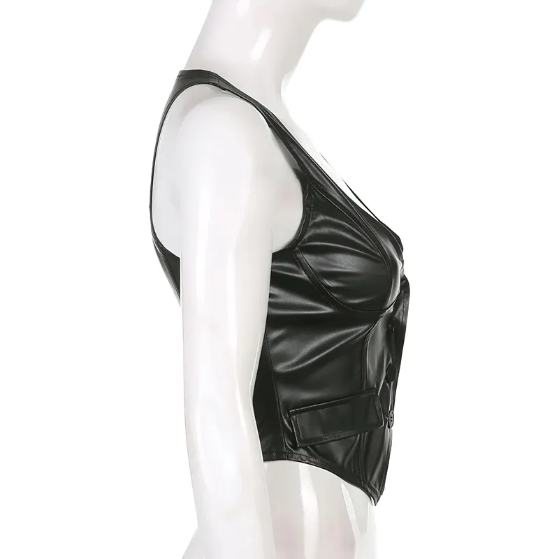 Sexy Bodycon Black PU Leather Cropped Vest For Women / Gothic Waistcoat Of Buttons