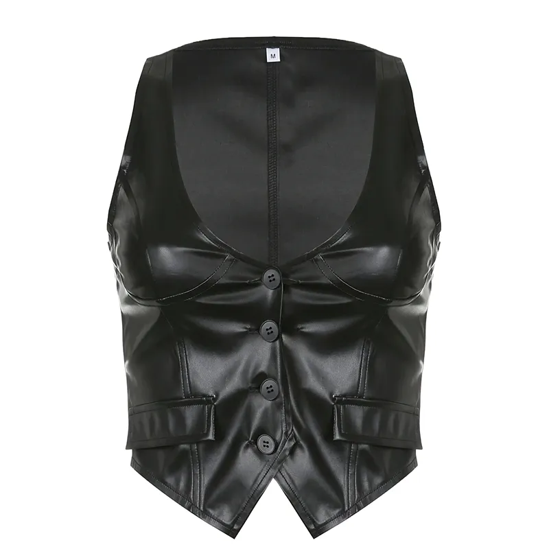 Sexy Bodycon Black PU Leather Cropped Vest For Women / Gothic Waistcoat Of Buttons