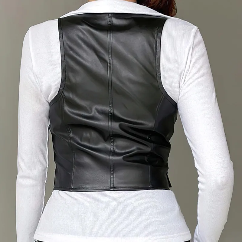 Sexy Bodycon Black PU Leather Cropped Vest For Women / Gothic Waistcoat Of Buttons