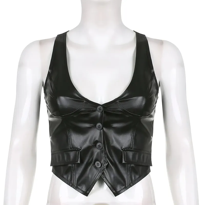 Sexy Bodycon Black PU Leather Cropped Vest For Women / Gothic Waistcoat Of Buttons