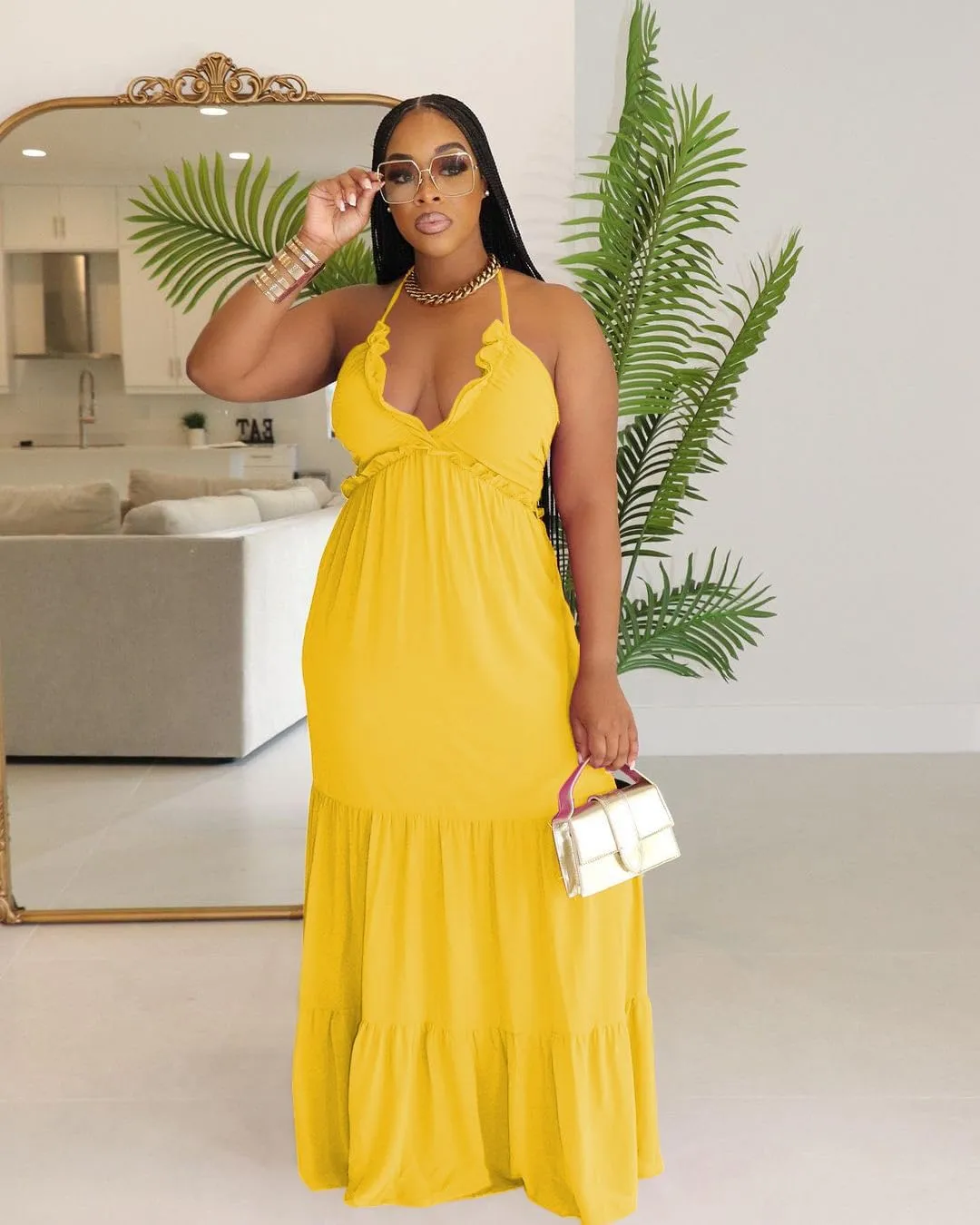 TOPSRANI Womens Sleeveless Maxi Dress Halter Casual Backless Smocked Tiered Ruffle Flowy Sexy Slip Sling Strap Dresses